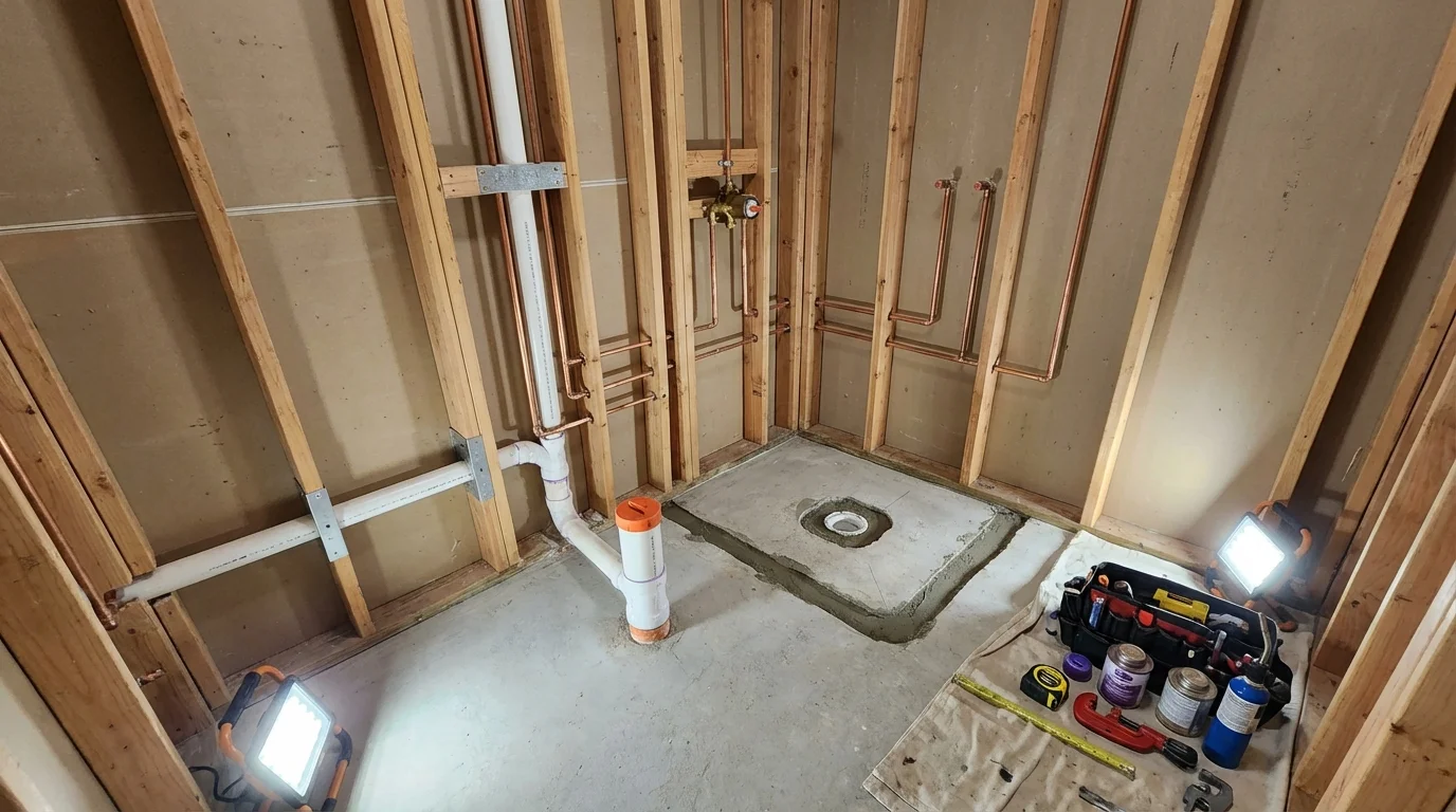 Bathroom rough-in plumbing during remodel by Johns Plumbing LLC in Gig Harbor