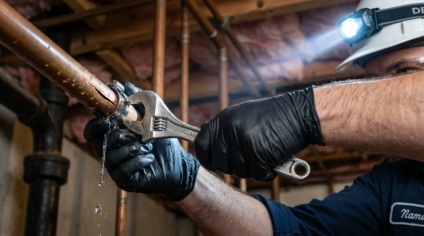 Emergency pipe clamp repair being performed by a Johns Plumbing LLC plumber in Gig Harbor