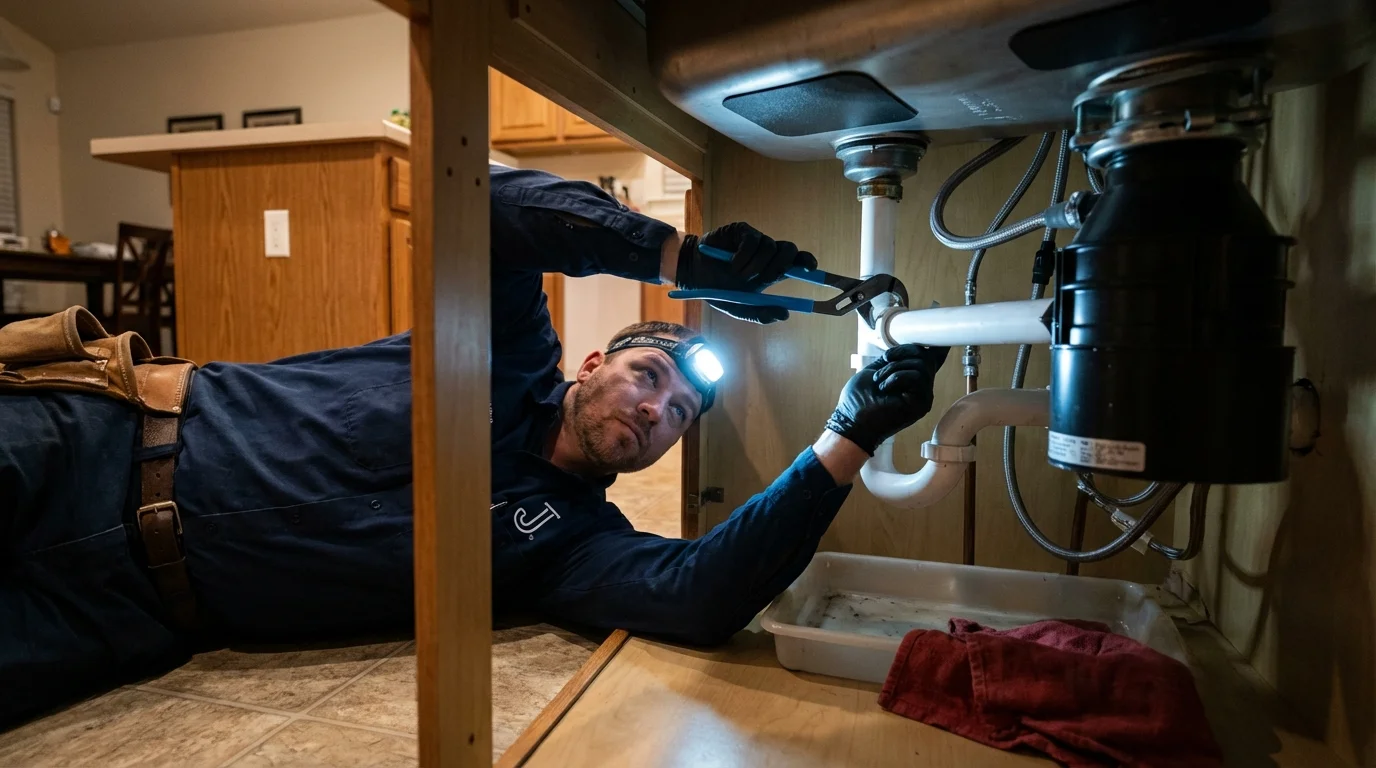 P-trap and supply line connections under a kitchen sink showing a common leak point in Gig Harbor, WA